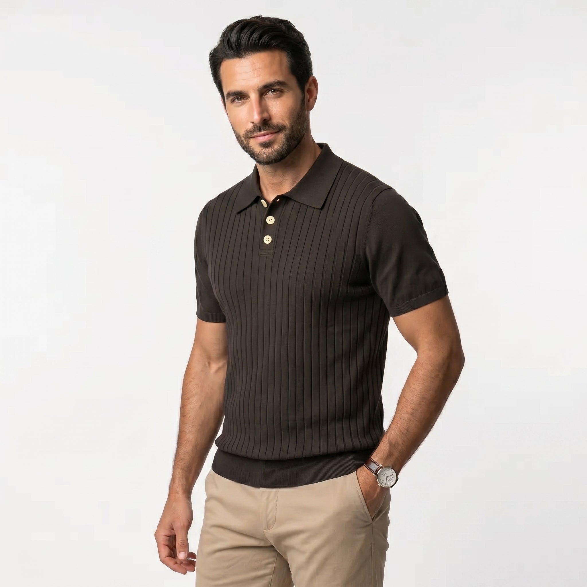 Ribbed Knit Polo Shirt