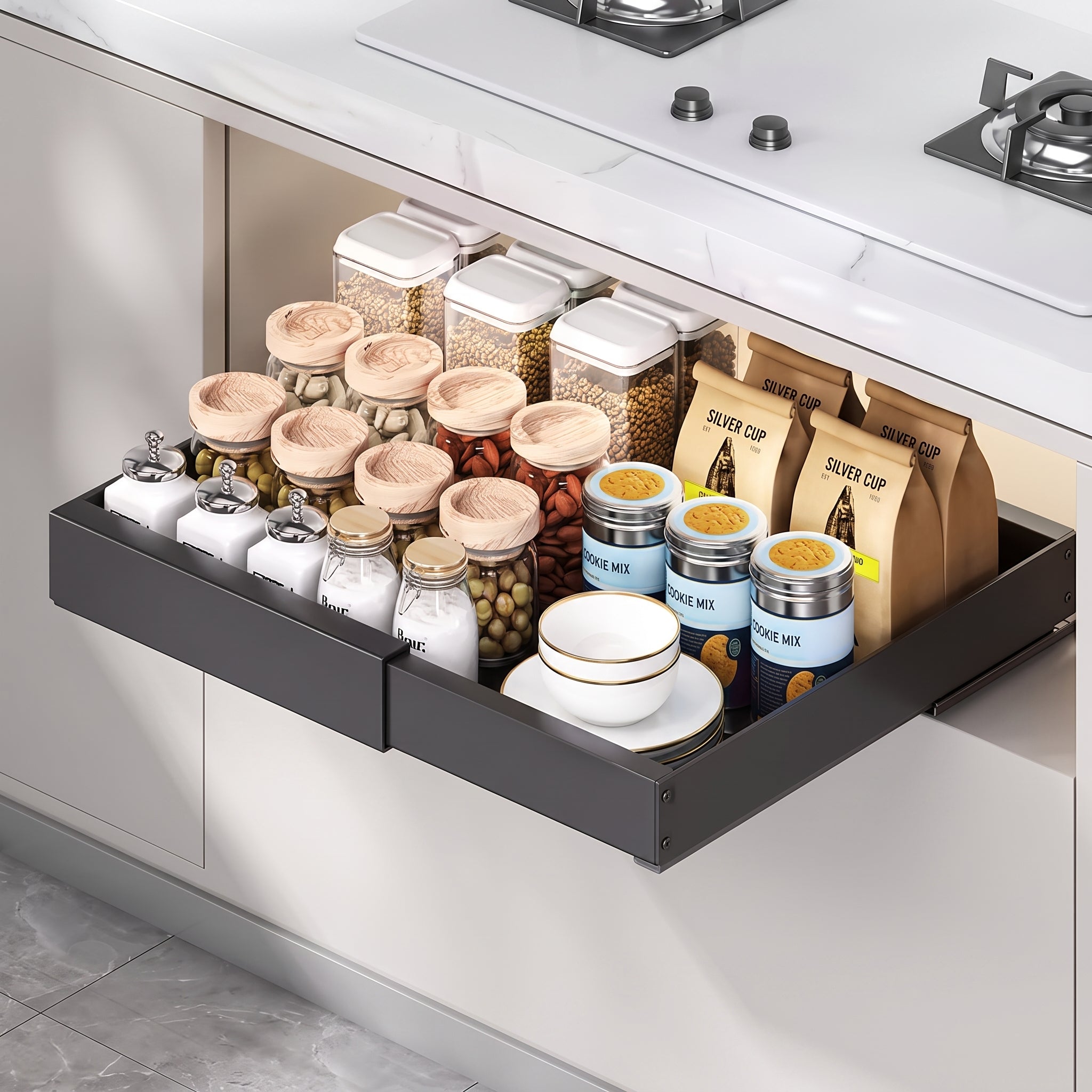 Pull Out Cabinet Organizer, Expandable(12.4"-20.5") Pull Out Drawers for Cabinets Slide Out Drawers for Kitchen Cabinets with Adhesive Nano Film Mounting Adjustable for Kitchen, Pantry