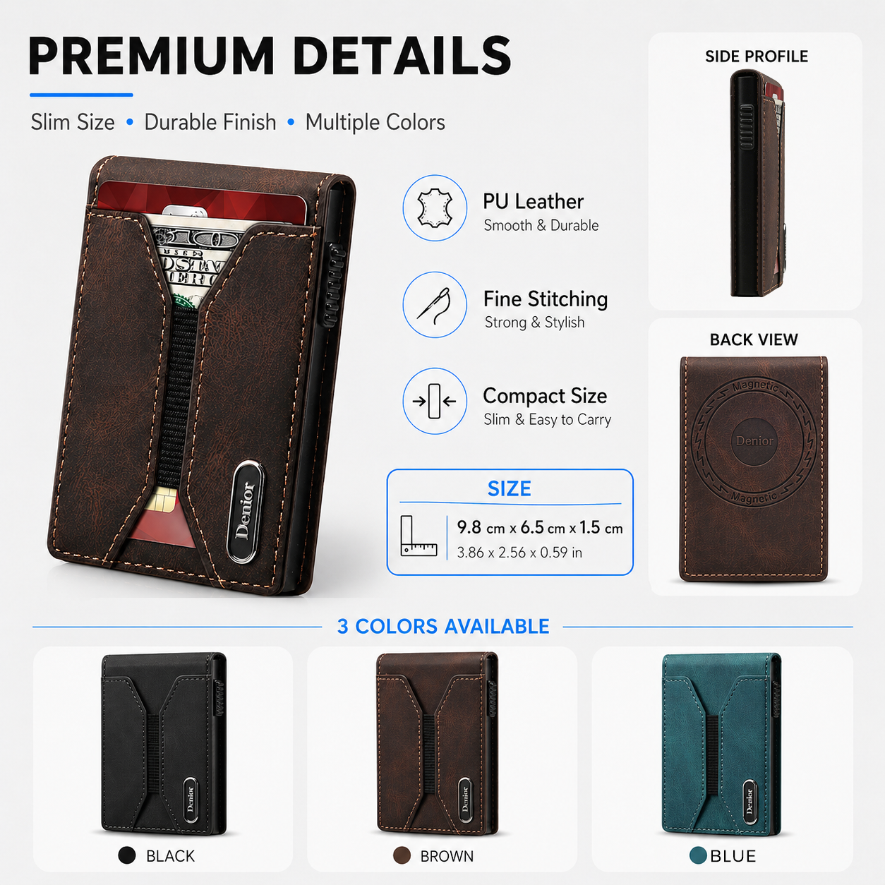 Denior Men's Automatic Pop-Up Magnetic Wallet with Zipper Coin Pocket, Magnetic Button Closure