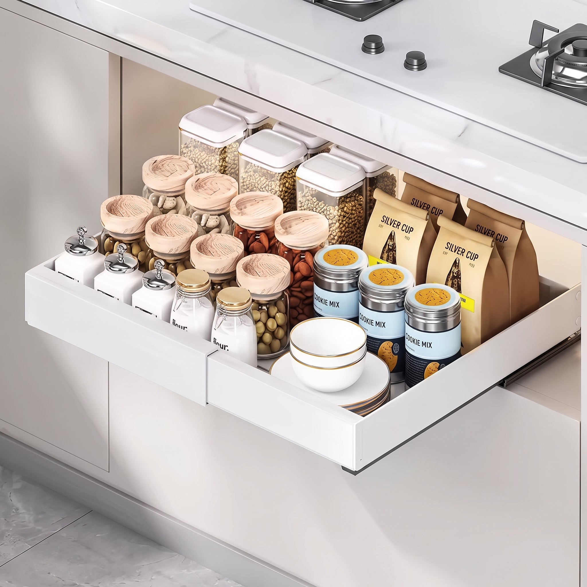 Pull Out Cabinet Organizer, Expandable(12.4"-20.5") Pull Out Drawers for Cabinets Slide Out Drawers for Kitchen Cabinets with Adhesive Nano Film Mounting Adjustable for Kitchen, Pantry