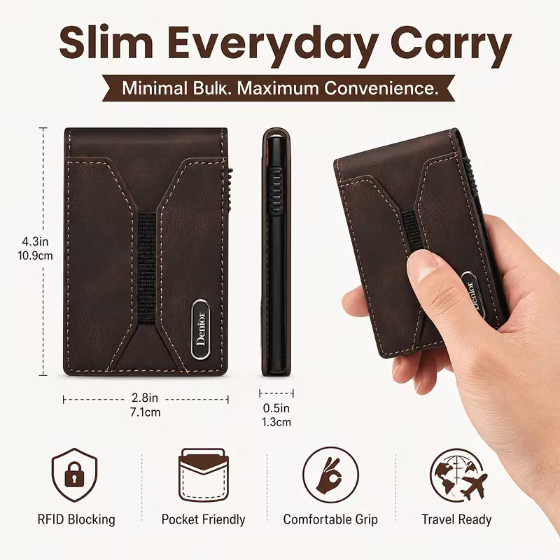 Denior Men's Automatic Pop-Up Magnetic Wallet with Zipper Coin Pocket, Magnetic Button Closure