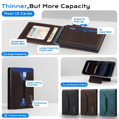 Denior Men's Automatic Pop-Up Magnetic Wallet with Zipper Coin Pocket, Magnetic Button Closure